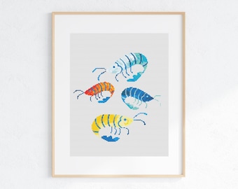 Shrimp Cross Stitch Pattern, Instant Download PDF, Nursery Wall Decor, Modern Chart Tutorial, Animal Art, Cross Stitch Art, Embroidery Gift