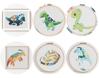 Bundle of 6 Cross Stitch Patterns, Instant PDF Download, Dinosaur Kids Art, Embroidery Pattern, Home Design, DIY Decor, Counted Cross Stitch