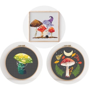 Set of 3 Cross Stitch Pattern, Instant PDF Download, Mushroom Art, Modern Cross Stitch Tutorial, Interior Embroidery, Counted Stitch Pattern