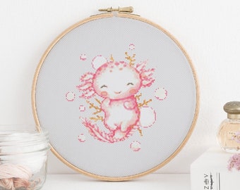 Axolotl Cross Stitch Pattern, Counted Cross Stitch, Instant Download PDF, Animal Cross Stitch Chart, Embroidery Pattern, Underwater Decor