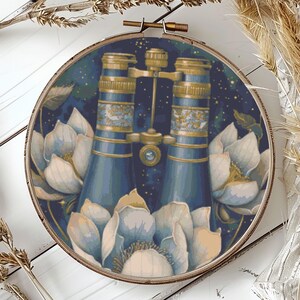 Blue Binoculars Cross Stitch Pattern, Instant Download PDF, Nature Counted Cross Stitch Chart, Boho Wall Art, Adventure Embroidery Design
