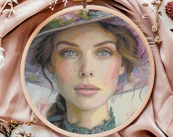 Wzór do haftu krzyżykowego Pretty Lady, natychmiastowe pobranie pliku PDF, fantastyczny wykres haftu krzyżykowego, sztuka ścienna w kolorze boho pink, projekt haftu Dream