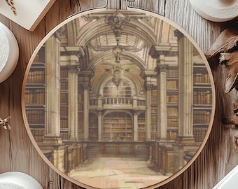 May include: A painting of a grand library with high ceilings, ornate columns, and rows of bookshelves filled with books. The library is lit by a large window in the ceiling, and the light casts shadows on the bookshelves and the floor.