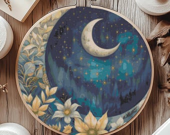Wzór haftu krzyżykowego Floral Moon, natychmiastowe pobranie pliku PDF, fantastyczny wykres haftu krzyżykowego, gotycka sztuka ścienna, niebieski wzór haftu kwiatowego
