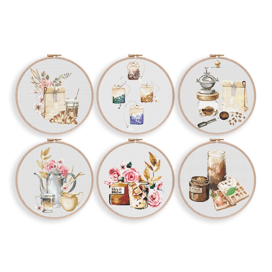 Set of 6 Coffee Cross Stitch Pattern, Instant Download PDF Pattern ...