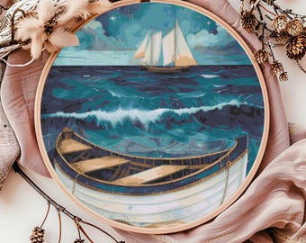 Wzór haftu krzyżykowego Seaside, natychmiastowe pobranie pliku PDF, fantastyczny wykres haftu krzyżykowego, sztuka ścienna Boho, projekt haftu Midnight Boat