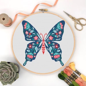 Butterfly Cross Stitch, Instant Download PDF Pattern, Counted Cross Stitch, Easy Cross Stitch Chart, Embroidery Pattern, Floral Cross Stitch