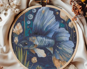 Wzór haftu krzyżykowego Blue Fish, natychmiastowe pobranie pliku PDF, wykres haftu krzyżykowego Nature Counted, sztuka ścienna Boho, projekt ściegu haftu podwodnego