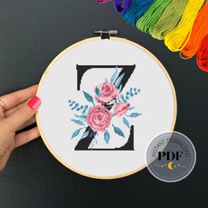 Buchstabe Z Muster, sofortiger Download PDF, moderner X-Stich Muster, Botanisches Monogramm, Easy x Stitch, Kreuzstichvorlage, Stickerei