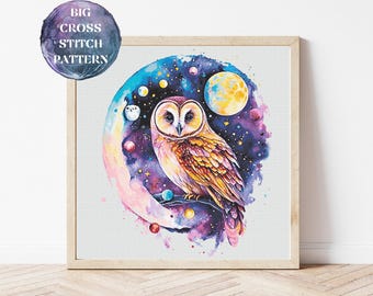 Moon Owl Full Coverage Cross Stitch Pattern, Natychmiastowe pobranie pliku PDF, Haft krzyżykowy, Nowoczesny schemat ściegu, Tamborek do haftu, Dekoracja ścienna