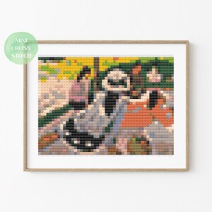 May include: A cross stitch pattern of a painting depicting a group of people sitting in a garden setting. The people are wearing colorful clothing and there are trees and flowers in the background.