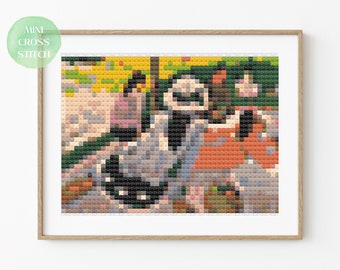 Modernt korsstygnsmönster, direktnedladdning i PDF-format, Siestan Gauguin, räknat X-stygn, X-stygnsdiagram, miniväggkonst, liten museidesign