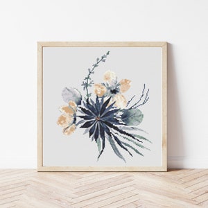 Donkere bloemen kruissteekpatroon, instant download pdf, moderne steekkunst, borduurgrafiek, bohokunst, getelde steken, Moederdagcadeau