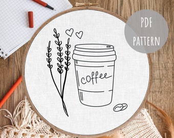 PDF Embroidery Pattern, Floral Coffee Art, Modern Hoop Design, Hand Embroidery Art, Beginner Pattern, Boho Wall Art, Hoop Embroidery Decor