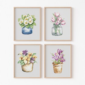 Flower Set Cross Stitch Pattern, Instant Download PDF, Modern Counted Cross Stitch, Embroidery Chart, Spring Wall Decor, House Warming Gift