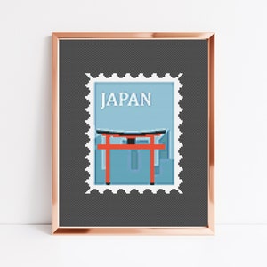 Japan stempel kruissteekpatroon, instant download pdf, borduurgrafiek, Boho Home esthetiek, kunst aan de muur, landschapsdecor voor haar