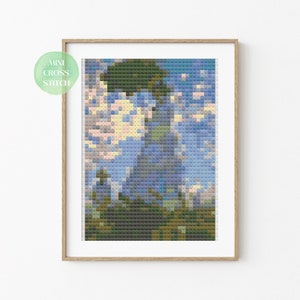 Modern kruissteekpatroon, Madame Monet en haar zoon, pdf-patroon direct downloaden, telpatroon, miniatuurkunstmuseum aan de muur