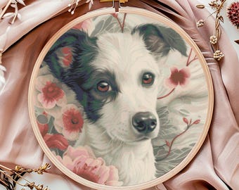 Wzór do haftu krzyżykowego Pink Dog, natychmiastowe pobranie pliku PDF, fantastyczny wykres haftu krzyżykowego, gotycka sztuka ścienna, haftowany wzór zwierząt