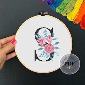Buchstabe S Muster, sofortiger Download PDF, moderner X-Stich Muster, Botanisches Monogramm, Easy x Stitch, Kreuzstichvorlage, Stickerei
