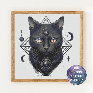 May include: A black cat with a third eye and glowing eyes is surrounded by a geometric pattern of triangles and moons. The cat is in the center of the design, and the pattern is in shades of gray and black.