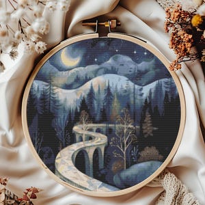 Berg Weg Kreuzstichmuster, sofortiger Download PDF, Natur Kreuzstichmuster, Boho Wand Kunst, Stickstich auf Reisen
