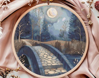 Wzór haftu krzyżykowego Moonlit Bridge, natychmiastowe pobranie pliku PDF, fantastyczny wykres haftu krzyżykowego, sztuka ścienna Boho, niebieski złoty wzór haftu