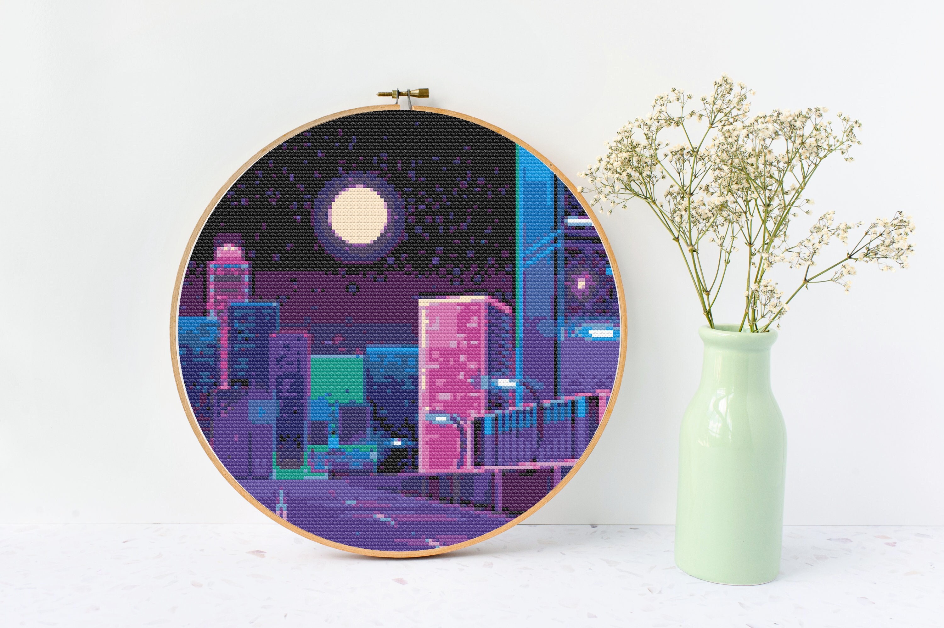 Neon City Cross Stitch, Instant Download PDF, Modern X Stitch Pattern ...