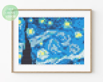 Mini Cross Stitch Pattern, Starry Night, Instant Download PDF Pattern, Counted Cross Stitch, Cross Stitch Chart, Vincent van Gogh Painting