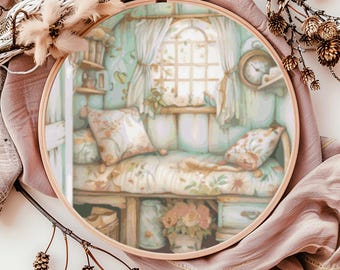 Wzór haftu krzyżykowego Turquoise Nook, natychmiastowe pobranie pliku PDF, fantastyczny wykres haftu krzyżykowego, sztuka ścienna Boho, projekt haftu, natura