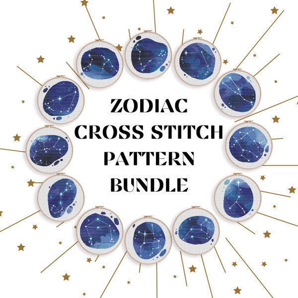 Zodiac Cross Stitch Bundle, PDF Pattern, Easy Stitch Pattern, Modern Stitch Chart, Boho Home Decor, Cross Stitch Art, Zodiac Set Decor