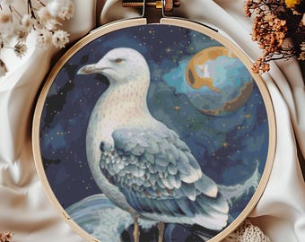 Wzór haftu krzyżykowego Seagull Moon, natychmiastowe pobranie pliku PDF, wykres haftu krzyżykowego Fantasy Counted, sztuka ścienna Nature, projekt haftu Ocean Side