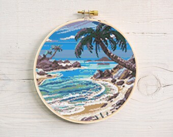 Island Cross Stitch, Instant Download PDF Pattern, Counted Cross Stitch, Modern Cross Stitch Chart, Embroidery Pattern, Beach Tree Pattern