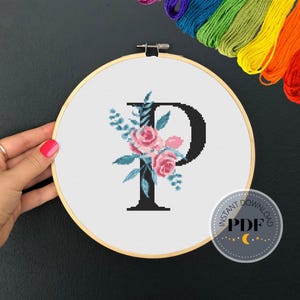 Buchstabe P Monogramm, sofortiger Download PDF, modernes X Stichmuster, Botanisches Monogramm, Easy x Stitch, Kreuzstichvorlage, Stickerei