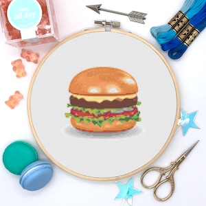 Mini Hamburger, kits cross stitch, tiny embroidery hoop, Fastfood mini  cross stitch kits, childrens cross stitch kits, Cheeseburger Stitch