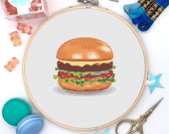 Hamburger Cross Stitch, Instant Download PDF Pattern, Counted Cross Stitch, Modern Cross Stitch Chart, Embroidery Pattern, Food Cross Stitch