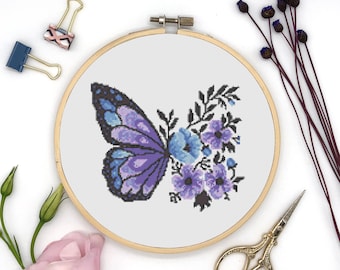 Butterfly Cross Stitch, Instant Download PDF Pattern, Counted Cross Stitch, Cross Stitch Chart, Embroidery Pattern, Floral X Stitch Design