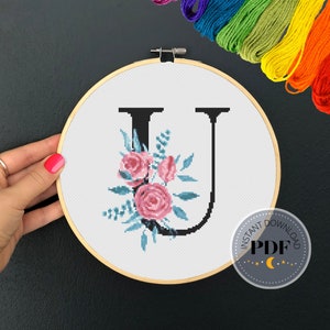Buchstabe U Muster, sofortiger Download PDF, moderner X-Stich Muster, Botanisches Monogramm, Easy x Stitch, Kreuzstichvorlage, Stickerei
