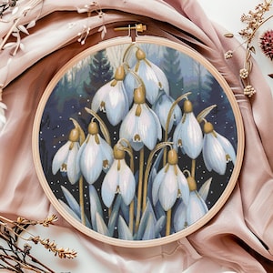 Patrón de punto de cruz de campanilla de invierno, descarga instantánea en PDF, gráfico de punto de cruz contado de fantasía, arte floral para pared, diseño de bordado bohemio de primavera