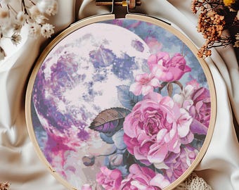Wzór haftu krzyżykowego Pink Moon, natychmiastowe pobranie pliku PDF, fantastyczny wykres haftu krzyżykowego, sztuka ścienna Boho, różowy kwiatowy wzór haftu nocnego