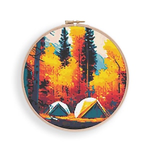 Camping Cross Stitch Pattern #1060, Cross Stitch PDF, Counted Cross Stitch, Embroidery Art, Boho Wall Decor, Magical Landscape