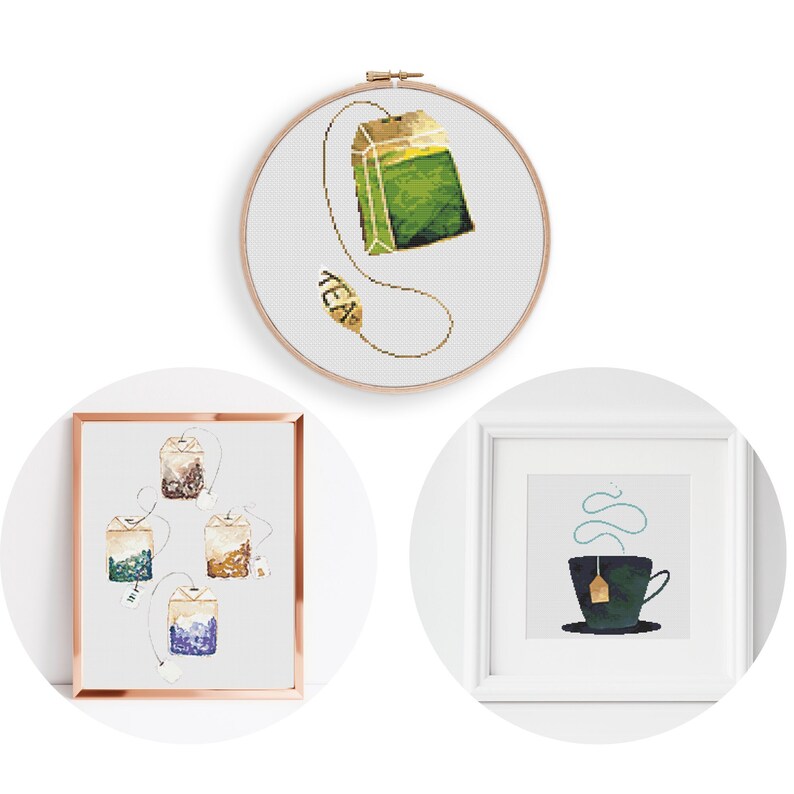 Set of 3 Cross Stitch Pattern, Instant PDF Download, Tea Time Decor ...