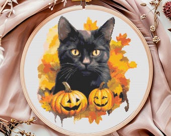 Czarny kot haft krzyżykowy, wzór do pobrania w formacie PDF, haft krzyżykowy z motywem zwierząt, dekoracja ścienna z motywem natury, dynia Halloween jesień