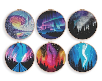Northern Lights Cross Stitch Set, Instant Download PDF Pattern, Embroidery Set, Cross Stitch Art, Bundle Set, Boho Room Decor, Embroidery