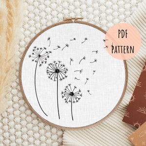 May include: A round embroidery hoop with a white fabric featuring a black line drawing of three dandelions. The text "PDF PATTERN" is on the right side of the hoop. The dandelions have fluffy seed heads with some seeds blowing away.