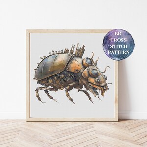 May include: A cross stitch pattern of a steampunk beetle with intricate gears and pipes. The beetle is made of metal and has a brown and gold color scheme.