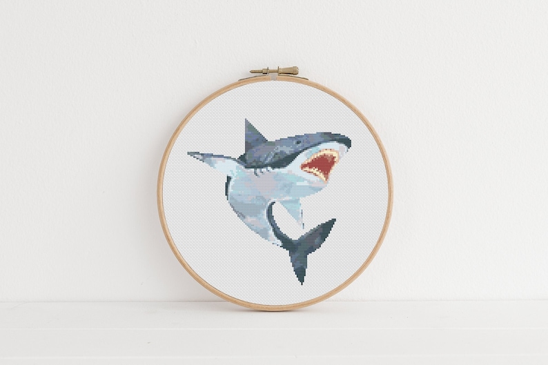 White Shark Cross Stitch, Ocean Animal Pattern, Instant Download PDF, Animal Embroidery, Aesthetic Room Decor, Boho Wall Art, Christmas Gift image 1