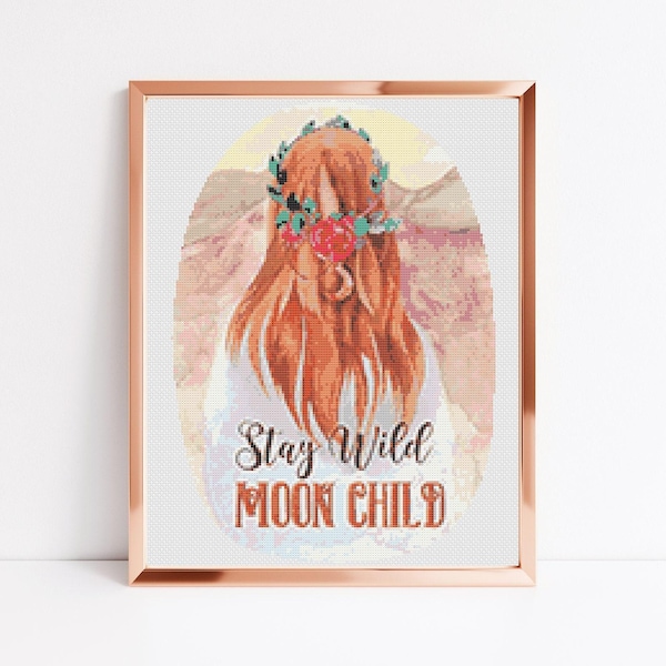 Moon Child Cross Stitch, Instant Download PDF-patroon, getelde kruissteekkaart, Boho Wall Art Gift, esthetische kamerdecoratie, digitaal ontwerp