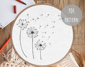 PDF Embroidery Pattern, Floral Dandelion, Modern Hoop Design, Hand Embroidery Art, Beginner Pattern, Boho Wall Art, Hoop Embroidery Decor