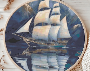 Wzór haftu krzyżykowego Midnight Boat, natychmiastowe pobranie pliku PDF, wykres haftu krzyżykowego Nature Counted, sztuka ścienna Boho, projekt haftu podróżnika