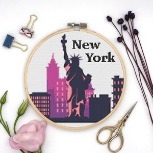 New York, point de croix, téléchargement immédiat au format PDF, modèle de point de croix moderne, décoration bohème, point de croix facile, conception de ville en X, carte du monde